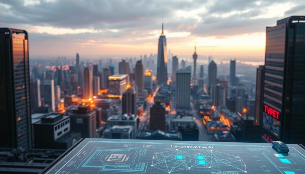 A detailed, futuristic depiction of "Generative AI" against a backdrop of traditional AI. In the foreground, a sleek, holographic interface showcases generative algorithms and neural networks. The middle ground features a clash of old and new, with legacy hardware and cutting-edge software. In the background, an expansive cityscape with towering skyscrapers represents the vast potential of generative AI. Warm lighting casts an optimistic glow, while subtle hues of blue and purple convey a sense of innovation and technological advancement. The overall scene reflects the advantages and limitations of generative AI, balancing the power of new techniques with the foundations of traditional artificial intelligence.
