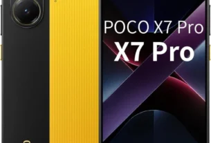 Smartphone POCO X7 Pro na cor preta e amarela, exibindo a parte frontal e traseira, com destaque para câmera dupla