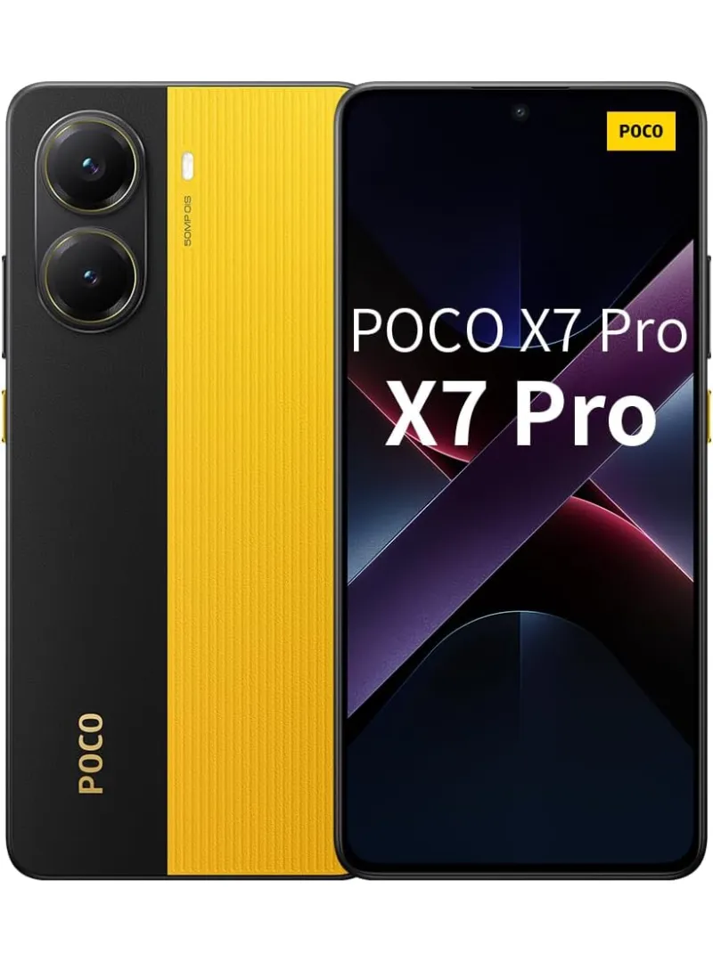 Smartphone POCO X7 Pro na cor preta e amarela, exibindo a parte frontal e traseira, com destaque para câmera dupla